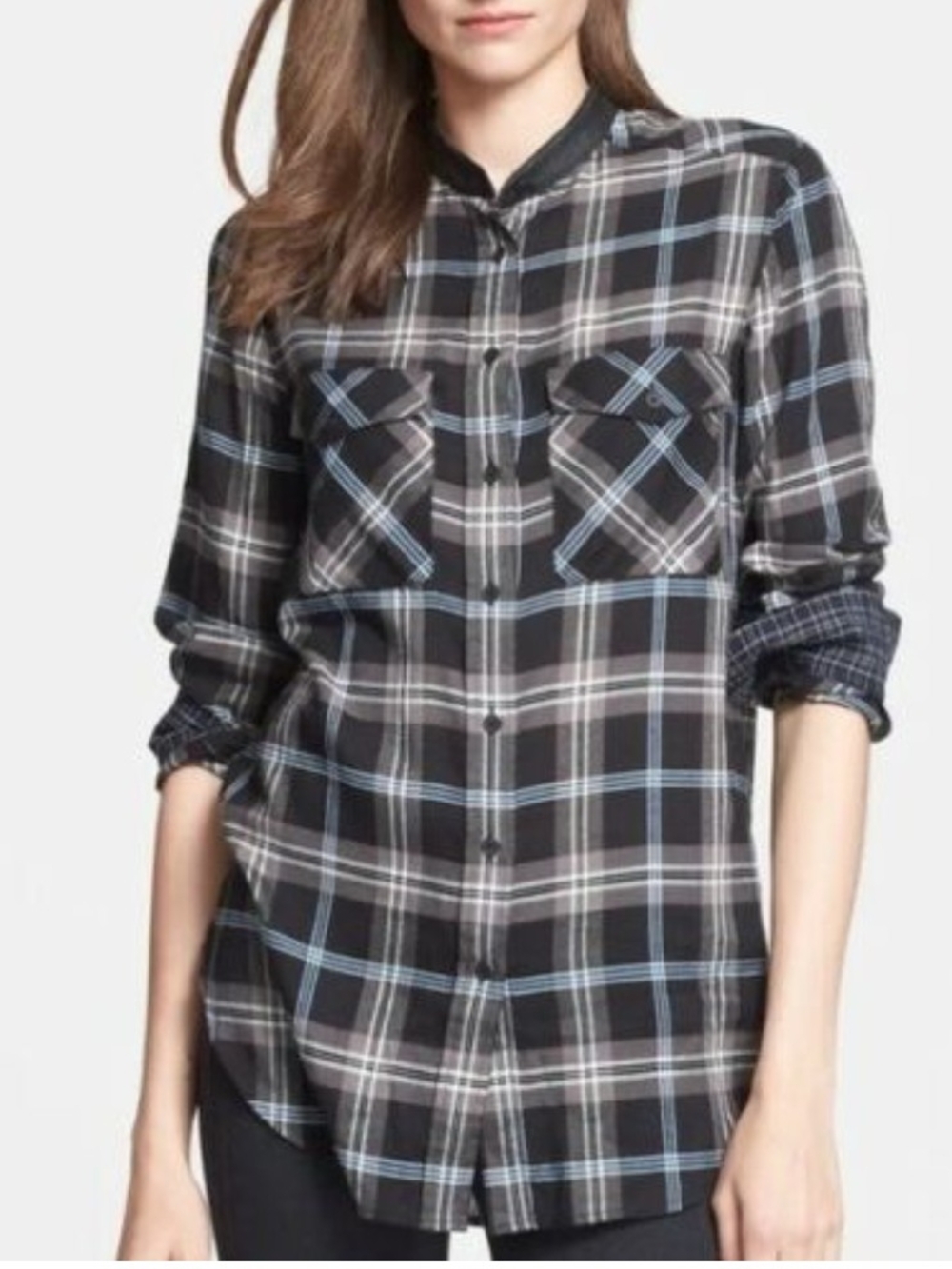 Vince Black Blue Plaid Long Sleeve Shirt w/ Leather Collar Trim Size 4